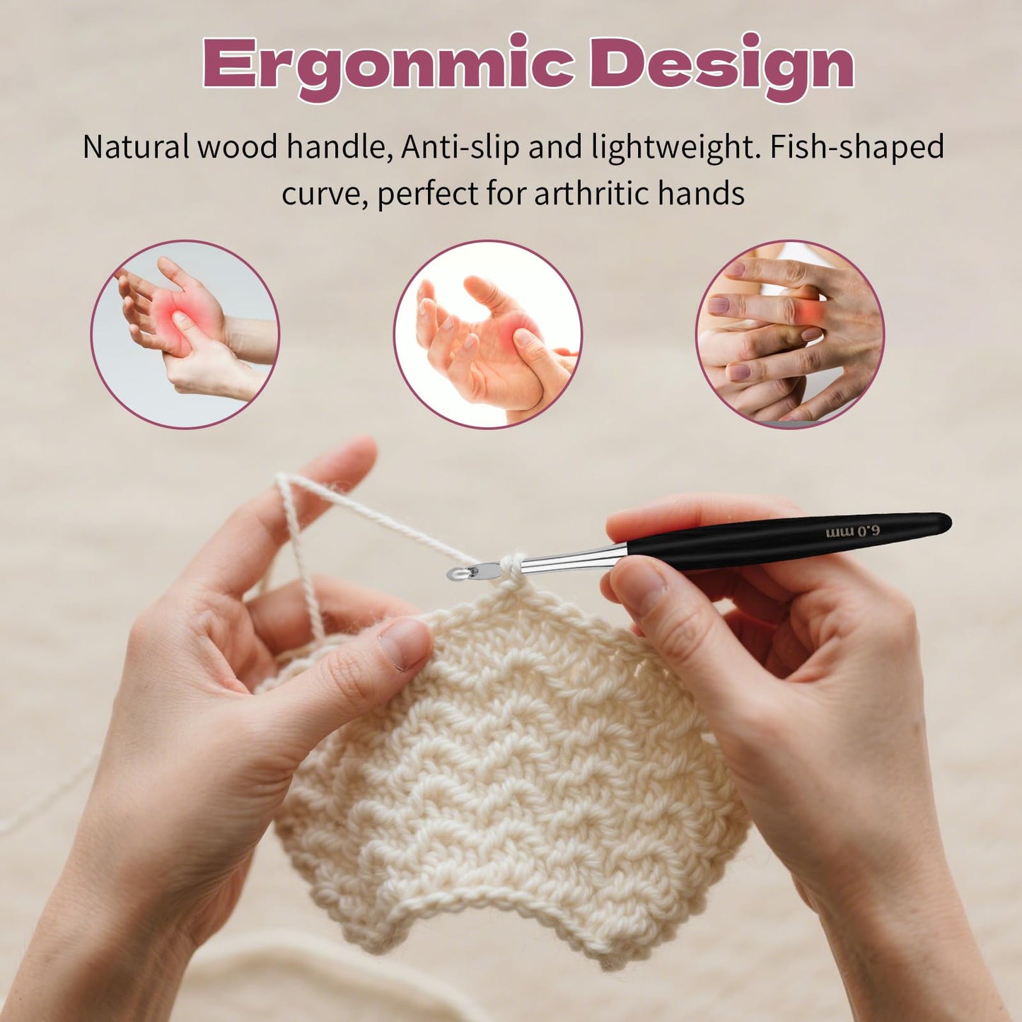 WAZAIGUR Wooden Handle Inline Ergonomic Crochet Hooks Set, 9 Sizes 3.5mm-8mm, Black Crochet Hooks for Arthritic Hands