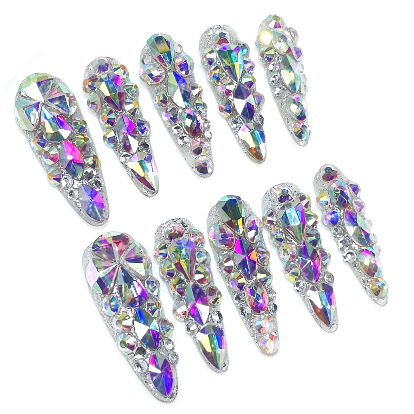 Handmade 3D Full AB Rhinestone Stiletto Press On Nails, Luxury Shiny Artisan Nails Set, Reusable Glossy Press-ons with Tool Kit(S)