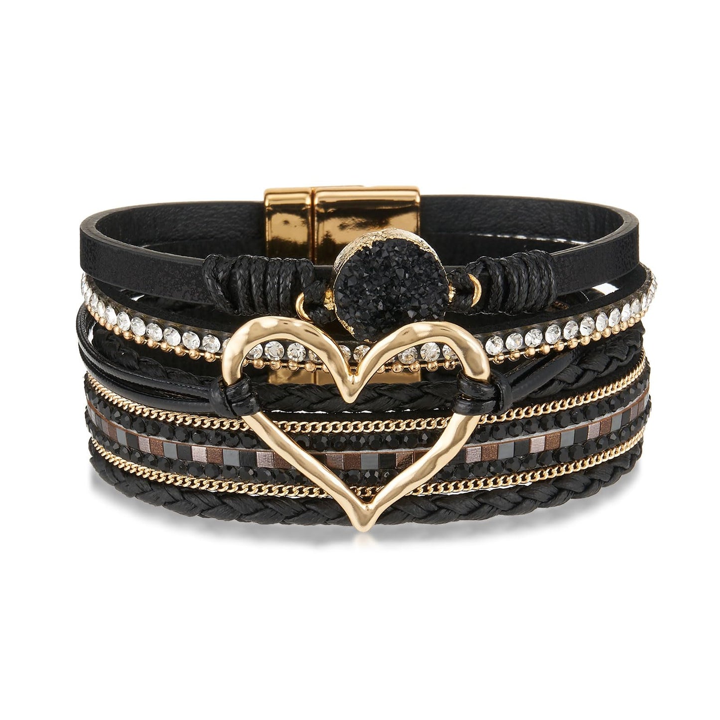 QIUTIMIY Leather Bracelets for Women Trendy Boho Cuff Bracelet Layered Bangle with Clasp Hand Wrist Jewelry Western(Style 6-Black)
