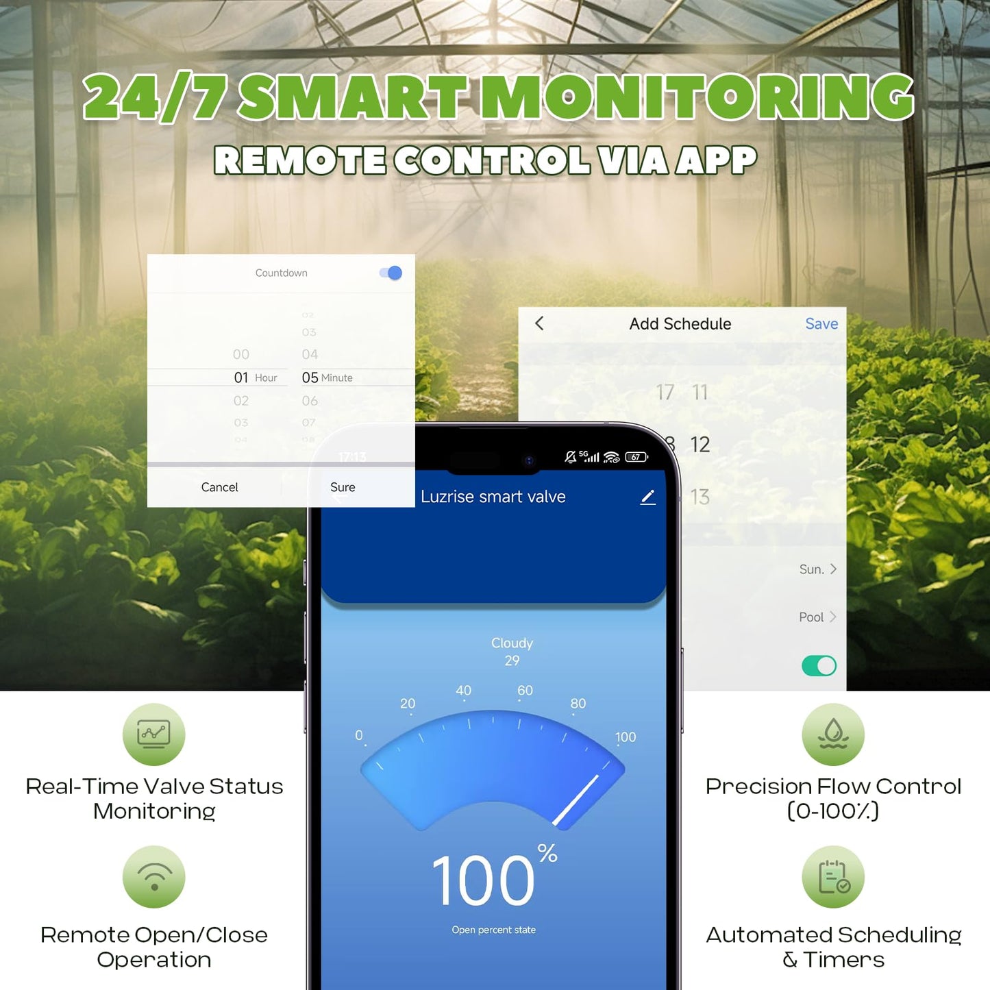 Luzrise Smart Motorized Ball Valve with Remote Control- Automatic Water Shut-Off, 0-100% Adjustable Flow, Programmable Timer, Real-Time Monitoring (Stainless Steel, DN20 (3/4''))