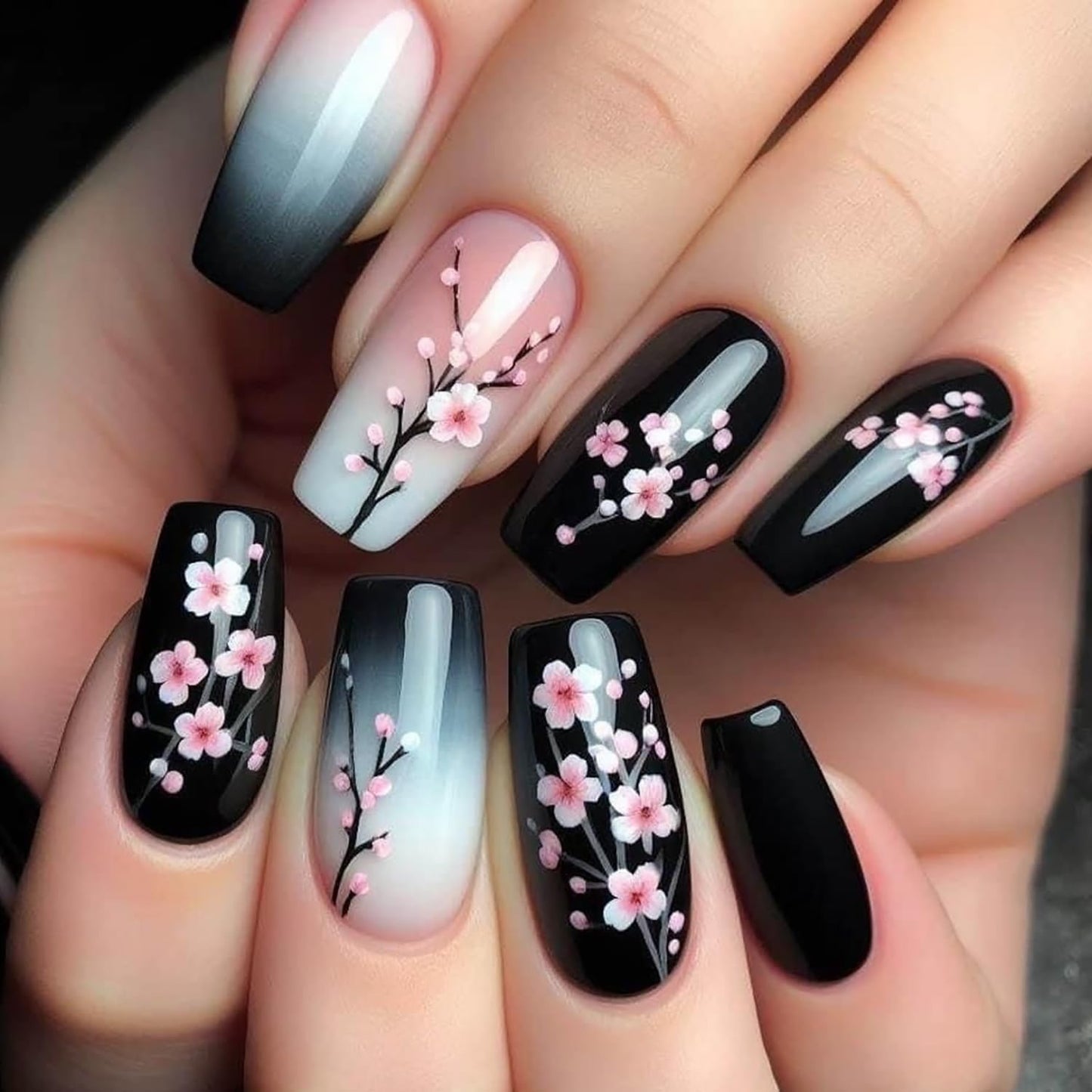 Flower Press on Nails Medium Ballet Shaped Black Gradient Artificial Fingernails Pink Plum Bossom Pattern Design Press Acrylic Fake Nail Full Cover Artificial Stick on Nails for Women Manicure Kit