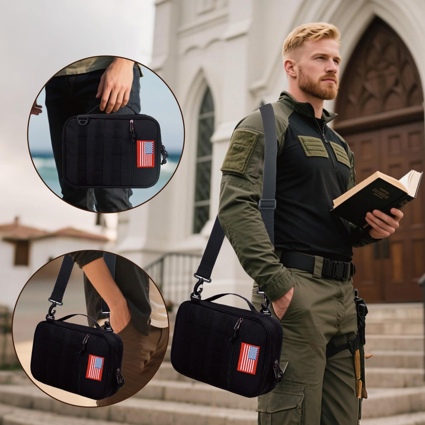 ATRIPACK Tactical Bible Cover For Men,Large Bible Case With Shoulder Strap,Water-Resistant Book cover With Handle,Multi-Functional Carrying Bible Holder Bag For Church,Study,Spiritual