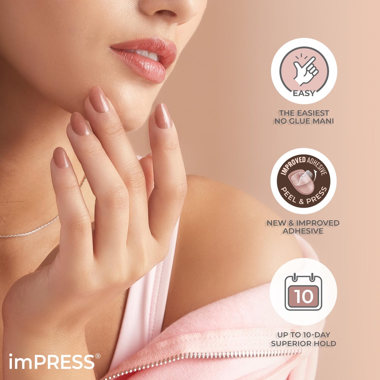 KISS imPRESS No Glue Mani Press On Nails, , 'Effortless Finish', Nude, Short Size, Squoval Shape, Includes 30 Nails, Prep Pad, Instructions Sheet, 1 Manicure Stick, 1 Mini File