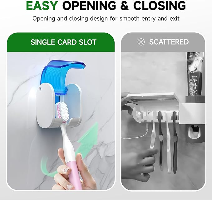 4 Pcs Toothbrush Holders Wall Mounted, Single Slot Design, Shower Self Adhesive Wall Mounted Toothbrush Holder with Cover, Waterproof and Dustproof, Suitable for Bathroom, Family, Travel (Blue)