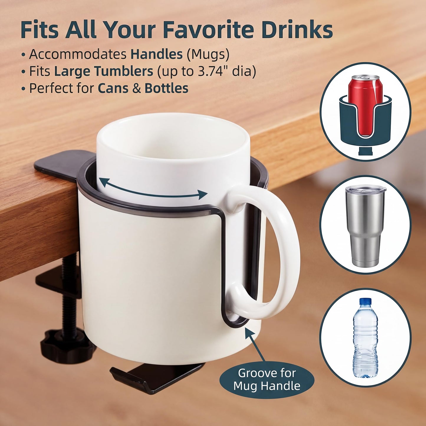 GUNKING Luxury 2-in-1 Anti-Spill Cup Holder with Under Desk Headphone Hanger (White)