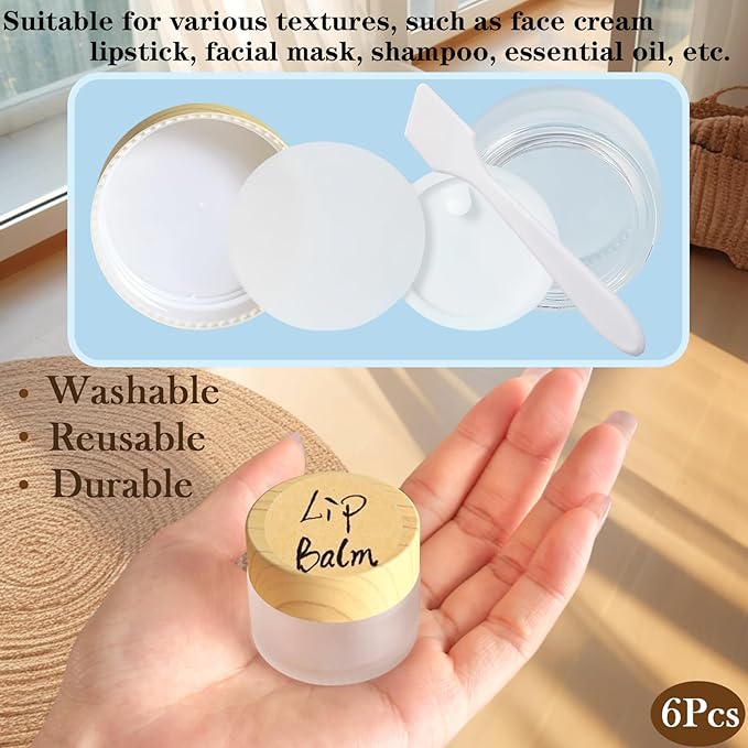 1/2 oz Glass Jars with Lids 4Pcs Frosted Glass Lip Balm Containers Cosmetic Containers Empty Sample Jars for Lotion Cream Lip Balm Eyeshadow, with Spatulas, Stickers
