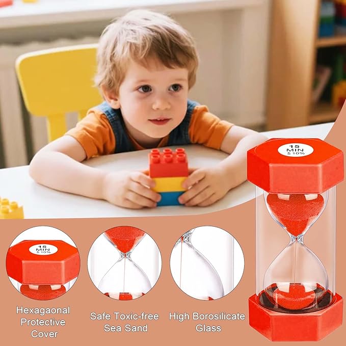 2 Minute Sand Timer Hourglass, Unbreakable Hexagon Plastic Sand Watch Reloj De Arena 2 Minutos, Colorful Hour Glass Sandglass for Classroom Games Kitchen (Red)
