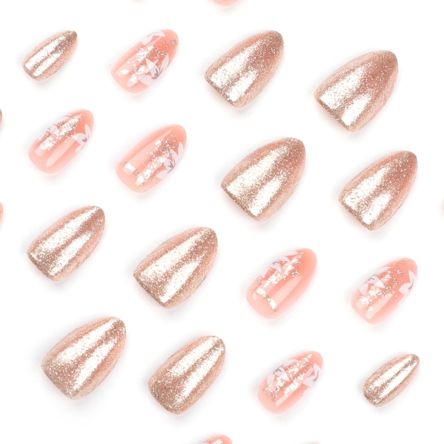 CTTHNBD Press on Nails Medium - Almond Fake Nails with Flower Design - Gold Glitter Full Cover Stick on False Nails - for Women 24 Pcs