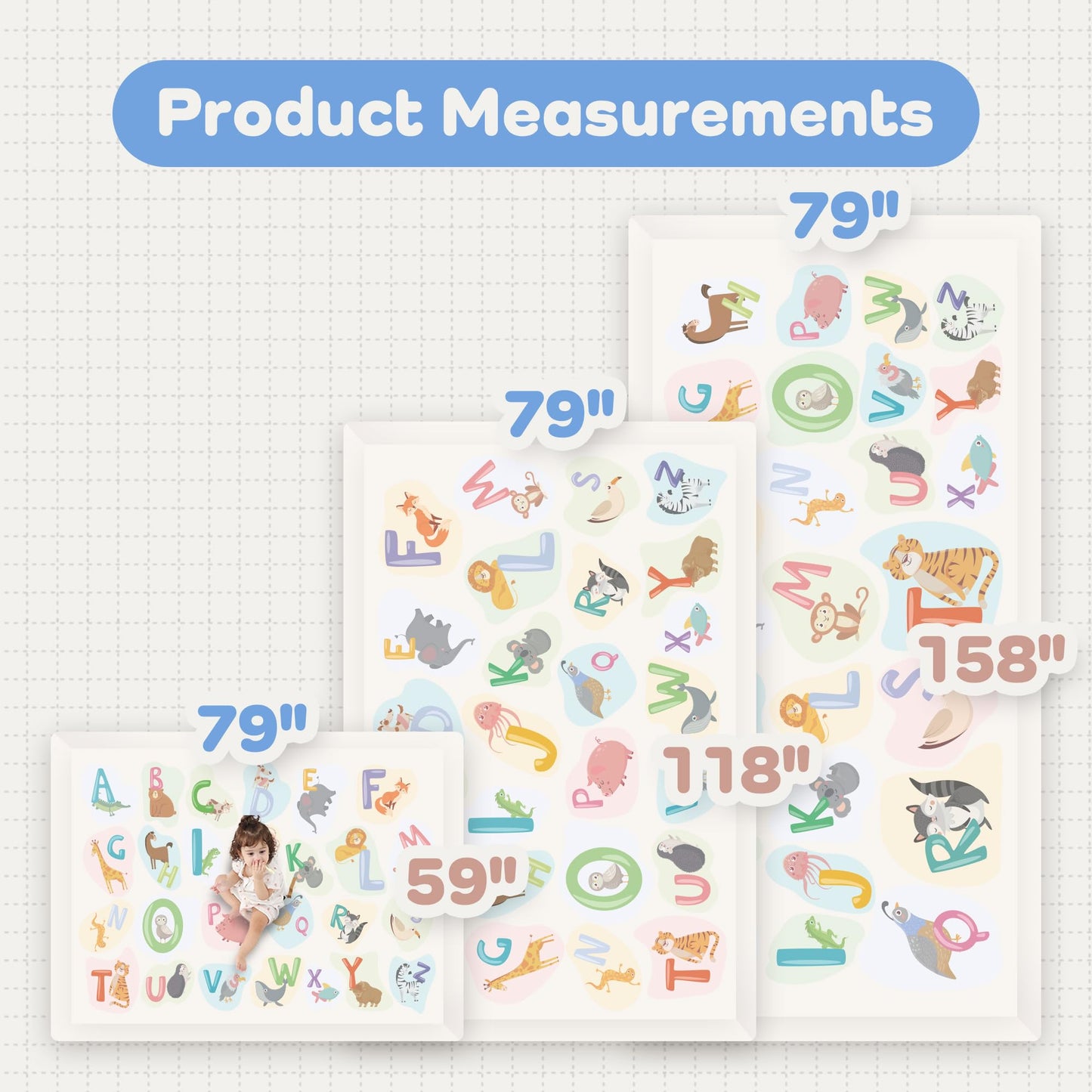 PaPaMat 1.3" Thick Educational Baby Floor Play Mat 59x79, Basic Padded Memory Foam Kids Mat, Non-Slip Plush Playmat for Nursery Playroom Classroom (ABC Animal)
