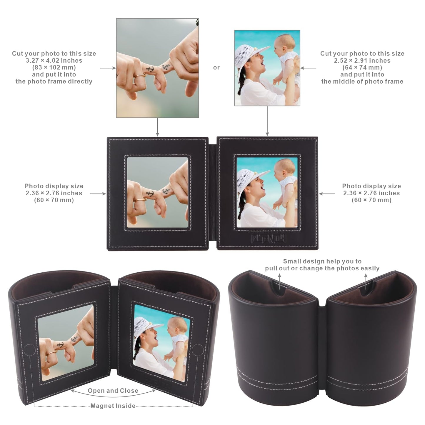 PLENTY Leather Pencil Cup Pen Holder with Photo Picture Frame, Desk Stationery Organizer with Magnetic Clasp for Home and Office Gift (Brown)