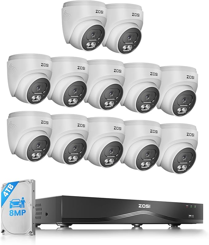 ZOSI C220 4K 8MP 16CH POE NVR Security Camera System (32CH Expandable), 12 x 8MP PoE IP Cameras Outdoor Indoor, 24/7 Recording, AI Human/Vehicle/Face Detection, Two-Way Talk, Night Vision, 4TB HDD