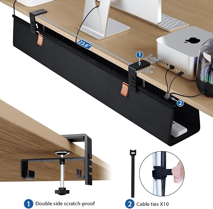 Zilink No Drill Under Desk Cable Management Tray 40" Cord Organizer for Table Clamp/Screw Mount Cable Management Under Desk Waterproof Fabric Cable Management Tray for Office, Home