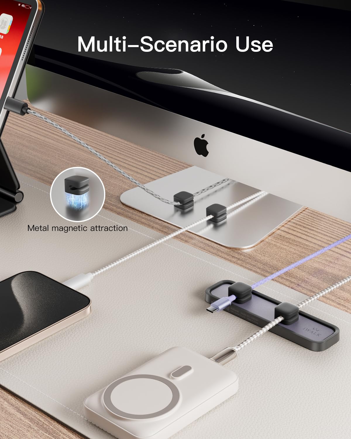 iWALK Magnetic Cable Holder,Reusable Adhesive Desktop Cord Organizer for 2-6mm Cables,4 Clips for Lightning & USB C/Micro Cables,Sticks to Wood,Glass,Metal, Marble,2-Pack,Black