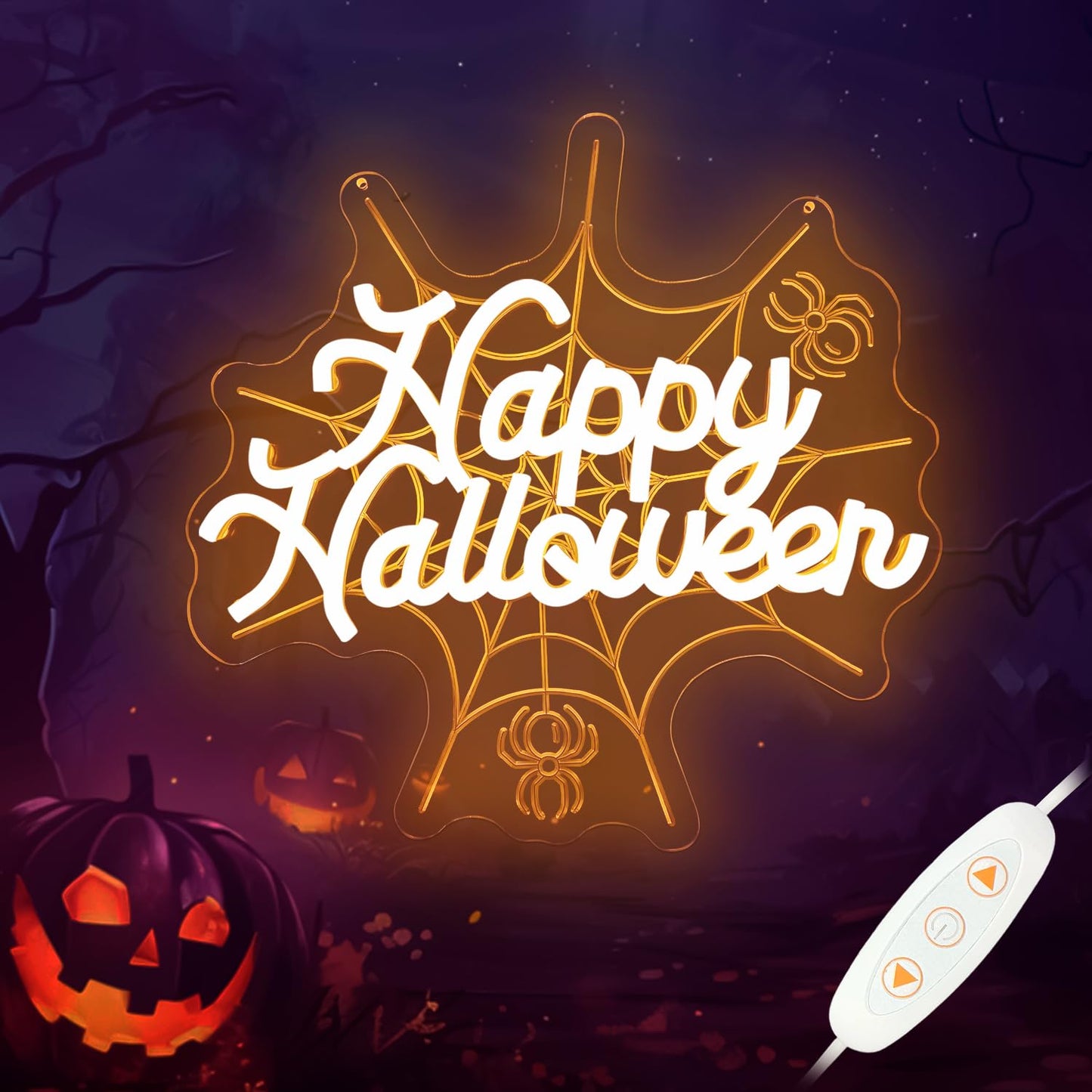 hhuohuona Happy Halloween Neon Sign Dimmable Neon Halloween Sign 3D Spider Web With Glowing Happy Halloween Led Window Lights Gothic Light Up Sign for Party