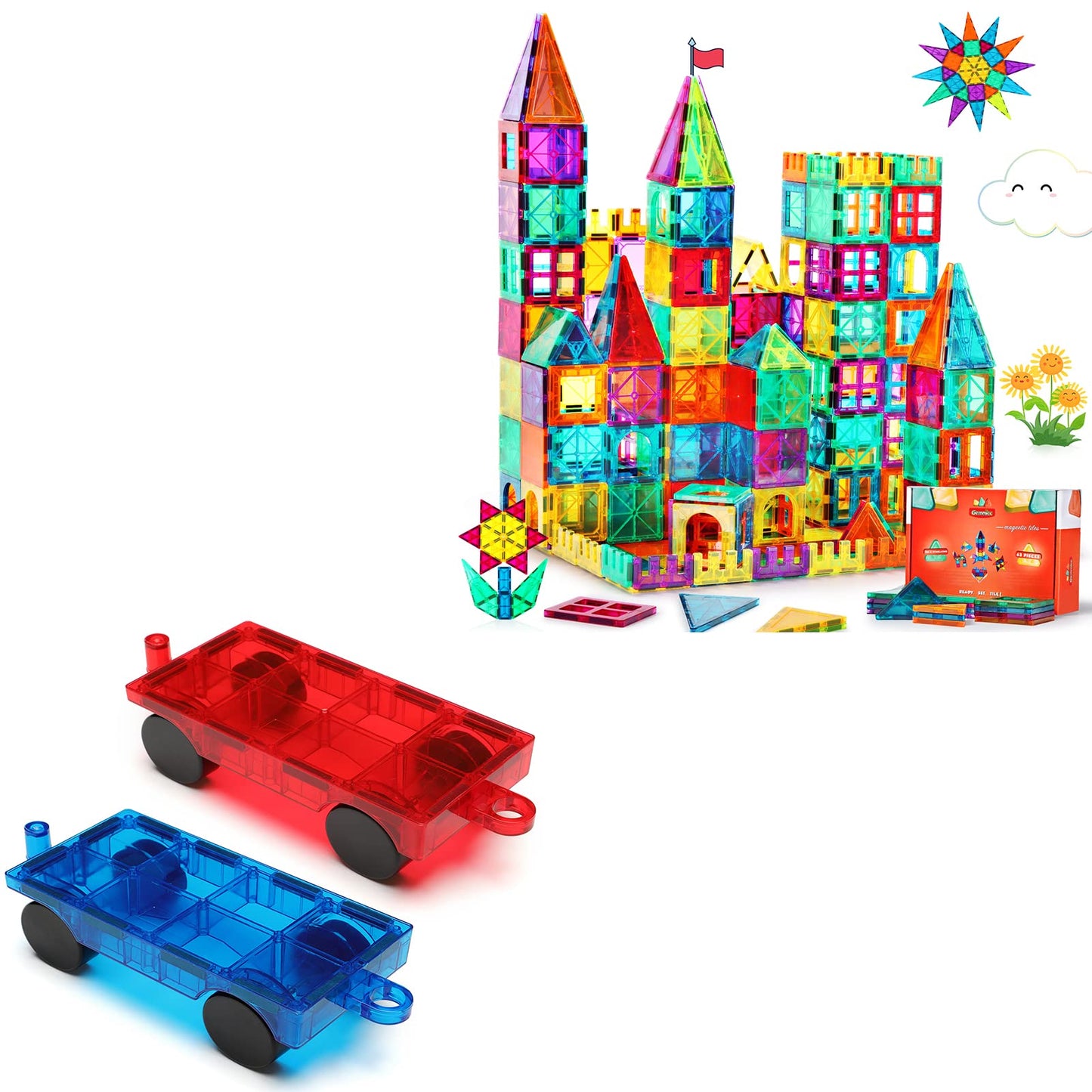 Gemmicc 2PCS Magnetic Cars + 63PCS Magnetic Tiles Set