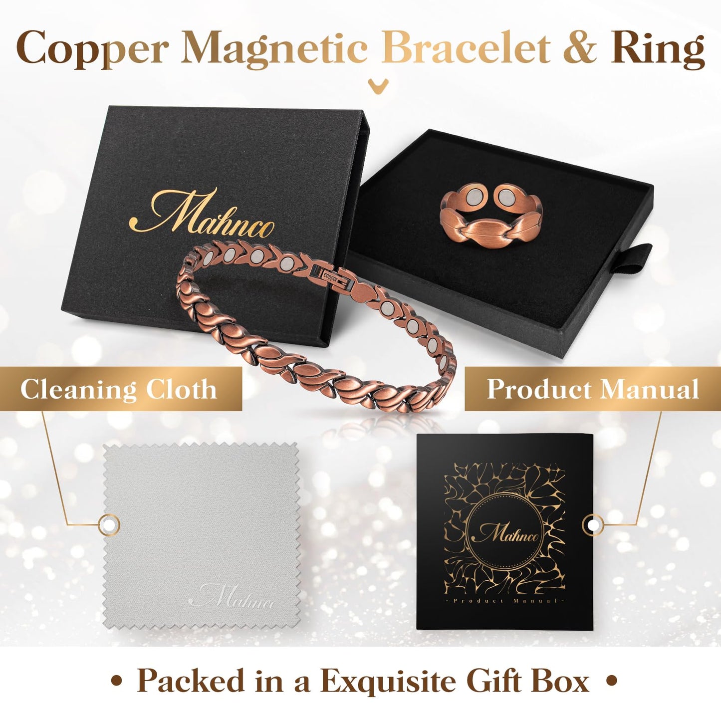 Copper Bracelets for Women Arthritis Lymph Detox Magnetic Bracelet, 100% Solid Pure Copper Bracelet with 3500 Gauss Magnets & Leaves Copper Ring with Adjustment Tool…
