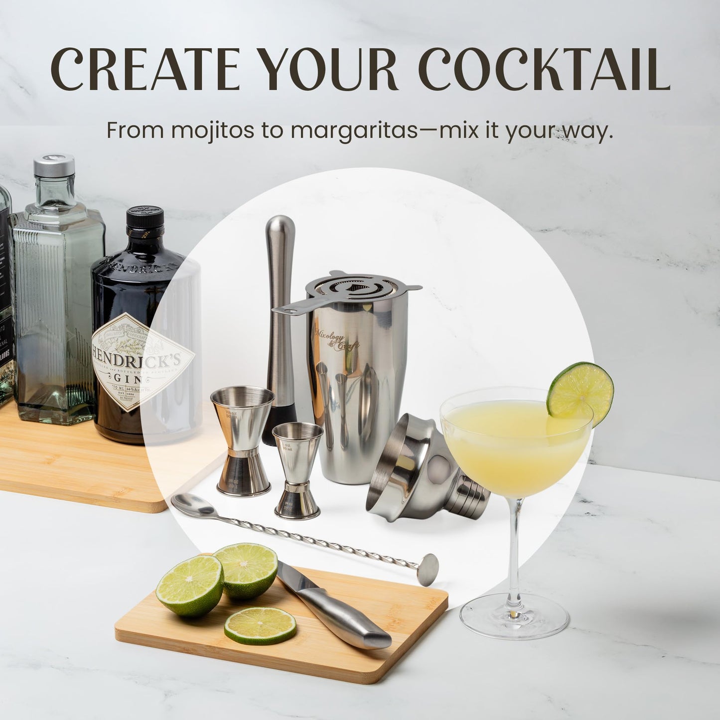 Mixology & Craft Rustic Cocktail Shaker Set – Includes Wood Stand, Complete Barware Kit with 24 Oz Shaker, Dual Jiggers, Pourers, Muddler, Strainer – Perfect for Home Bartenders (Silver)