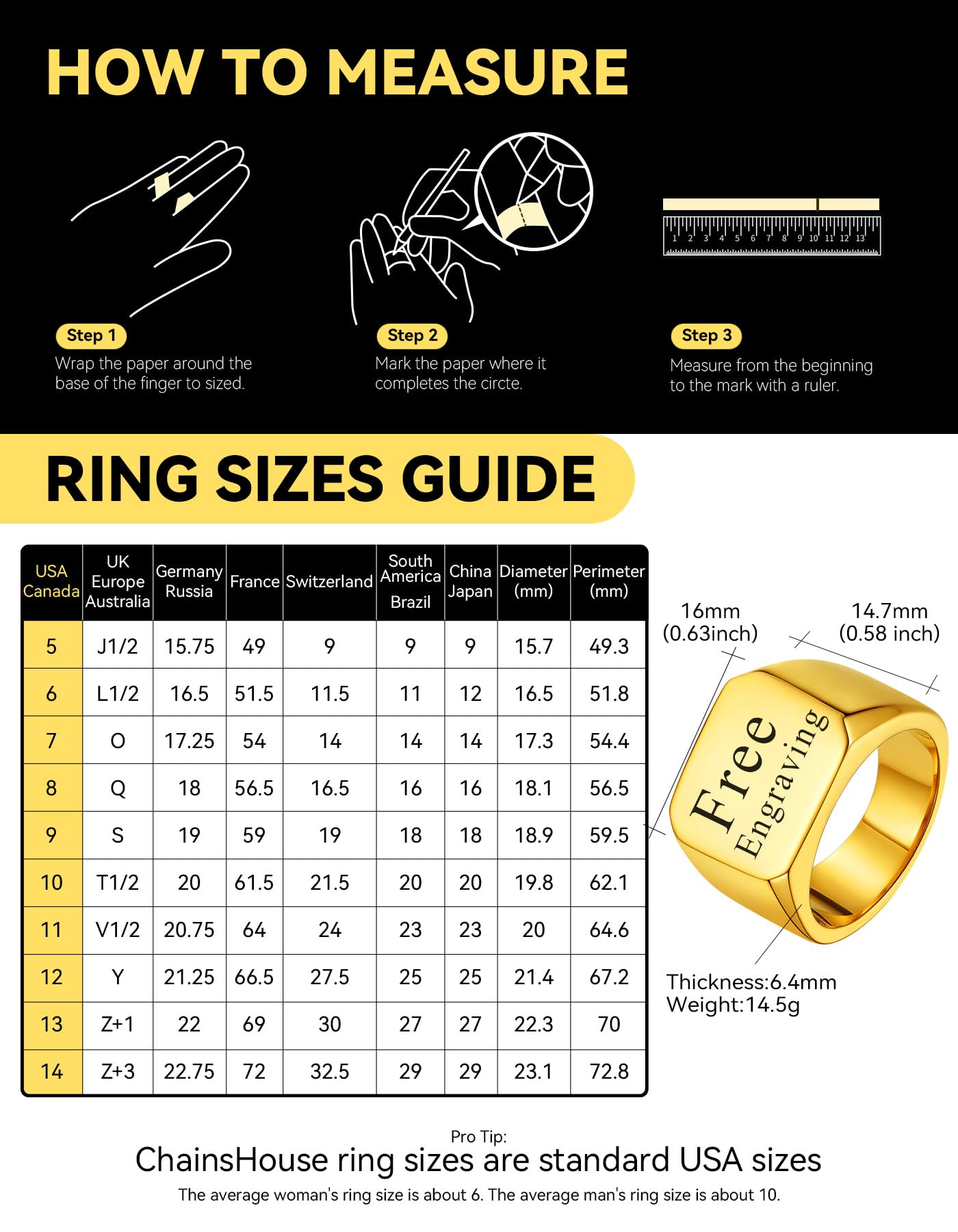 ChainsHouse Personalized Signet Biker Rings Solid Polished 18K Gold Ring for Men, Size 12