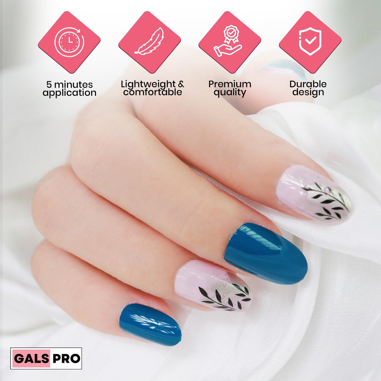 GALSPRO Short Press on Nails - Set of 24 Fake Nails with Designs in 12 Different Sizes for Perfect Fit, Cute False Nails Kit for Women with 0.07oz Nail Glue (LEAFY LUXE OVAL SHAPE, Short)