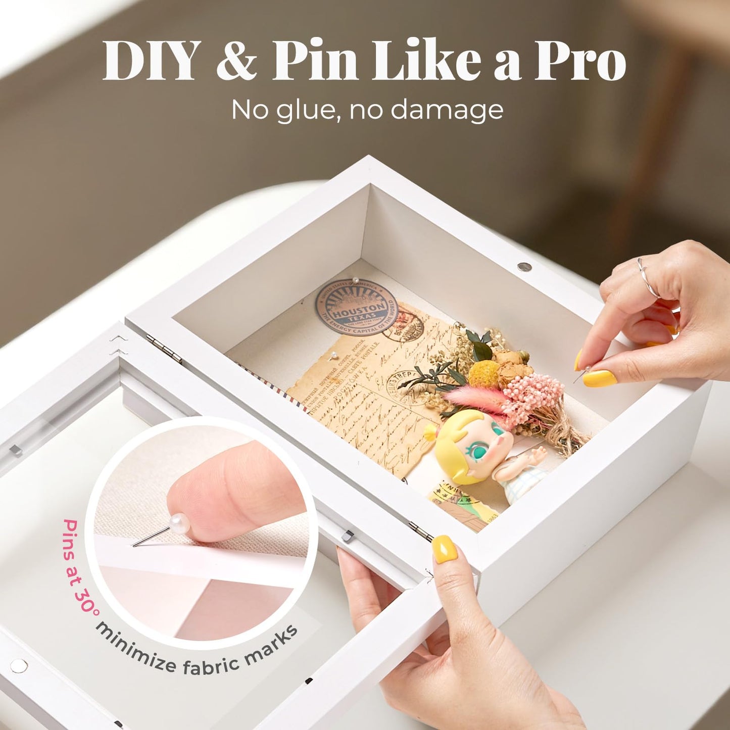 HOUSE DAY Shadow Box Frame 8x10, Front Open Magnetic Shadow Boxes Display Cases with Linen Back, Pins, for Photos or 3D Itmes Under 6x8, Tabletop or Wall Mount Display Case for Memorabilia, White