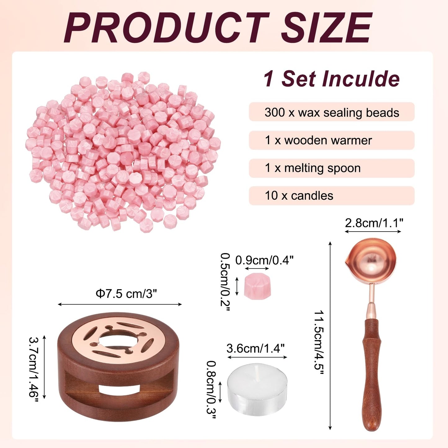 PATIKIL Wax Seal Kit, 300 Pcs Wax Sealing Beads, Wooden Warmer, Melted Spoon, 10 Pcs Tealight Candles for Envelope Letter Mailing Crafts DIY, Pearl Pink