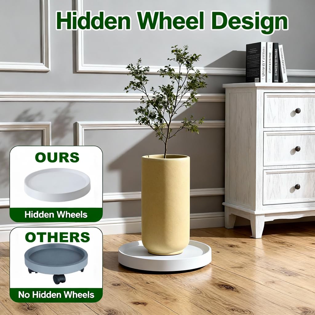 KangTeer 2-Pack 11.2 Inch Plant Caddy with Hidden Wheels, White Round Rolling Planter Saucer, Easy-Move for Flower Pot,Ornaments, Smart Home Devices(11.2inch)
