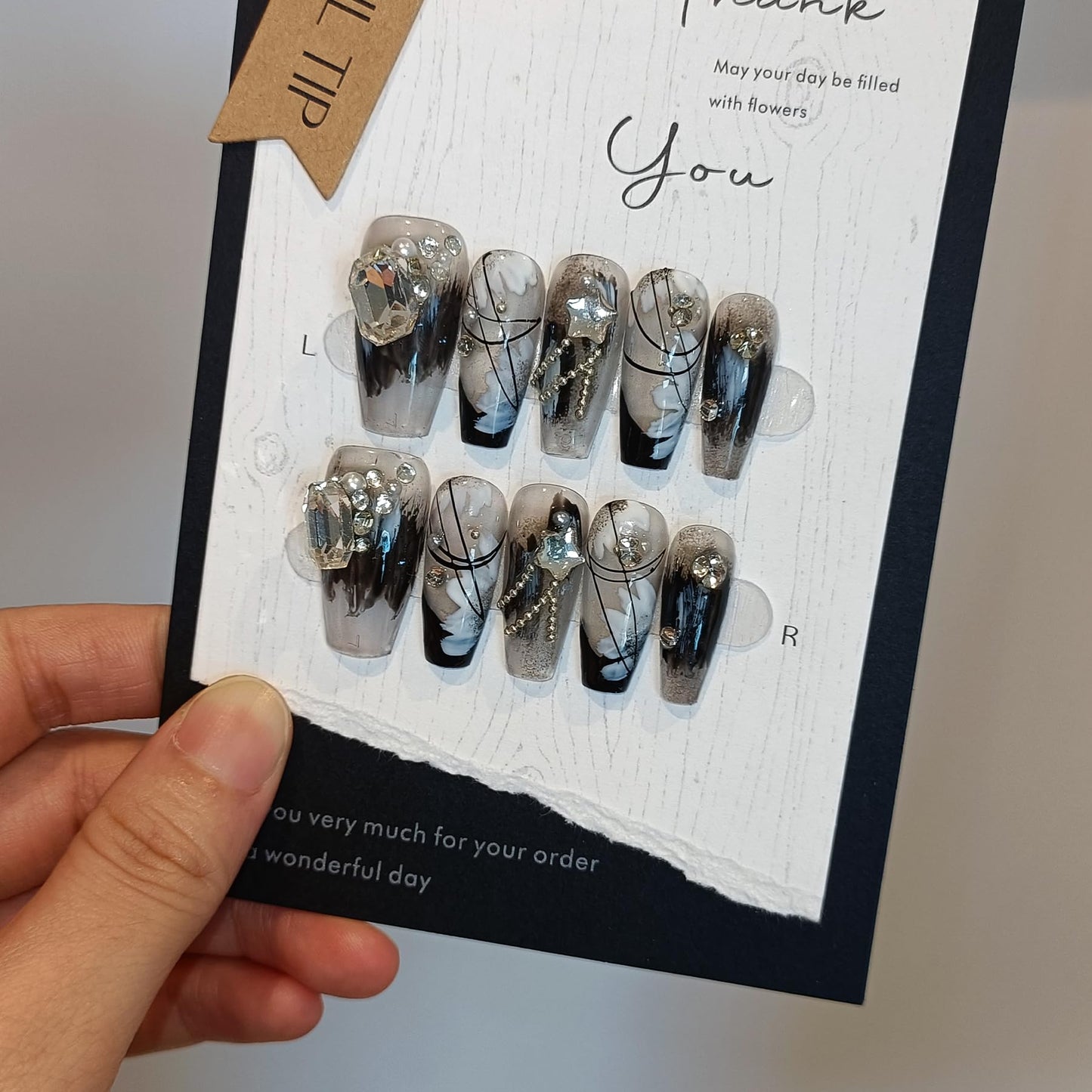 TENPAL 10PCS Gothic Coffin Press on Nails with Tools Kit - Black French Tips Fake Nails with Oriental Chain & Crystal Design | Dark Rebel Glue on Nails Medium | Icy Dark Elegant Chinese Style Nails(S)