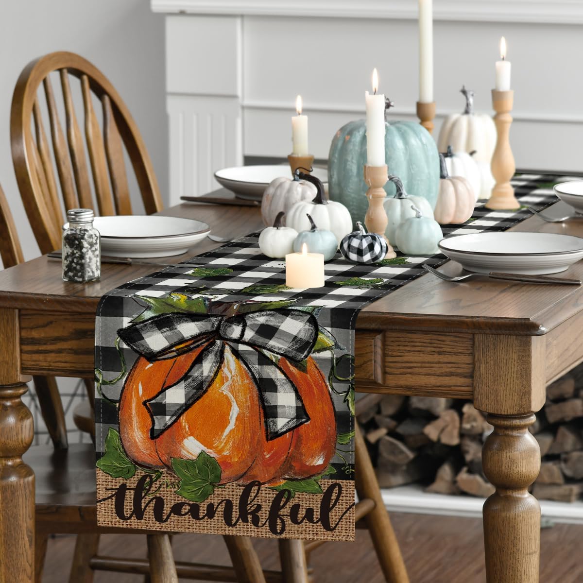 Artoid Mode Buffalo Plaid Bowknot Pumpkin Thankful Fall Table Runner, Autumn Thanksgiving Kitchen Dining Table Decoration for Home Party Decor 13x108 Inch
