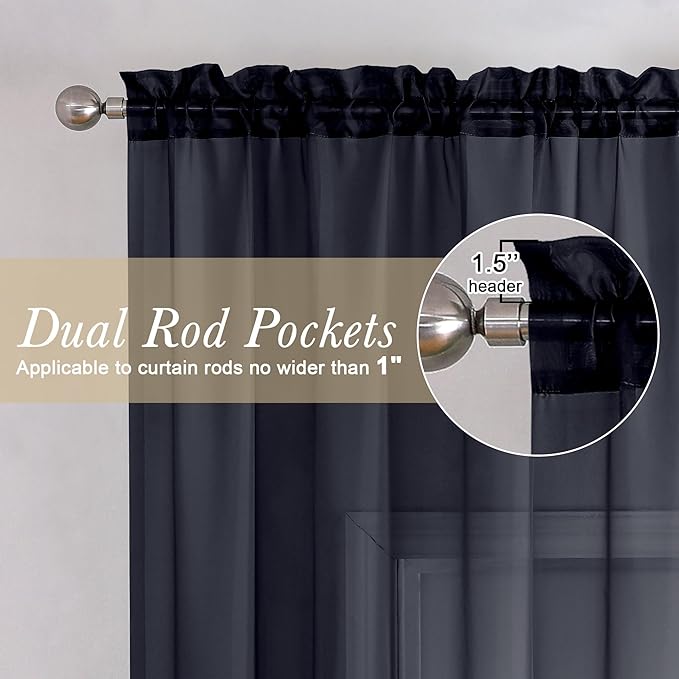 Lecloud Black Sheer Curtains 90 Inches Long 2 Panels, Light Filtering Privacy Voile Curtain Drapes, Airy Extra Wide Dual Rod Pocket Window Treatments for Living Room Bedroom, 59" W x 90" L