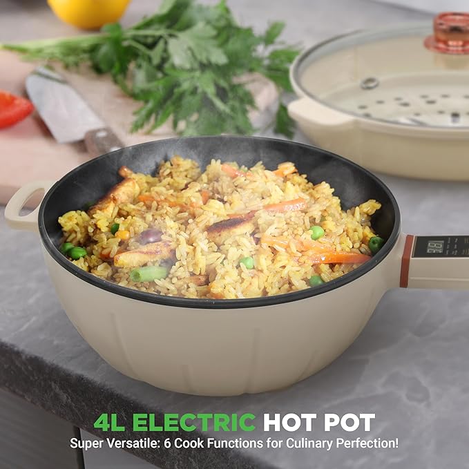 Nutrichef 4L Electric Frying Pan & 4L Steamer | Multifunctional Portable 1000W Non-Stick Pot for Cooking | Durable Heat Safe Handle | Touch Control Panel | Electric Hot Pot | White