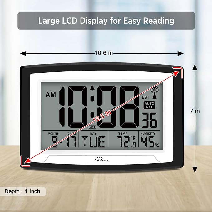 WallarGe 12.5 Inch Atomic Clock with Indoor Temperature and Humidity