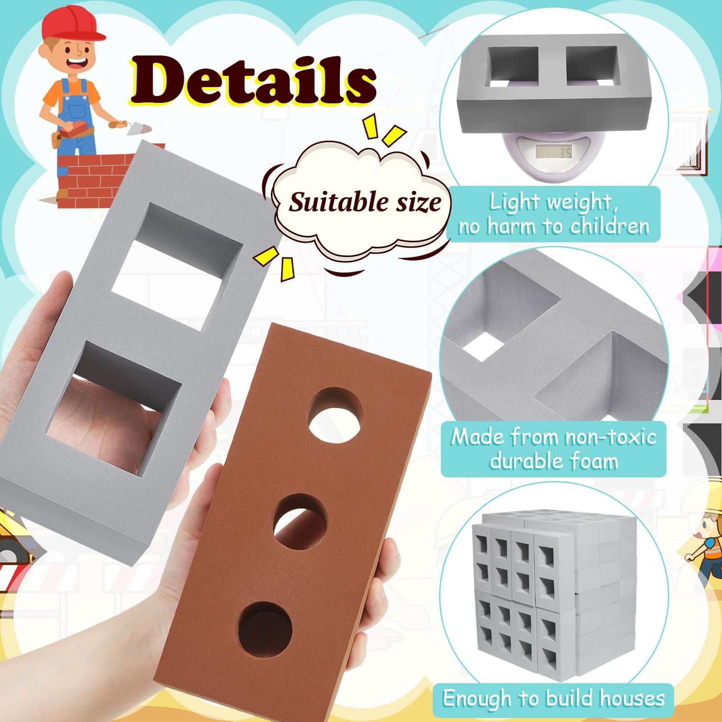 Deekin Foam Brick Building Blocks for Kids Thick Blocks Foam Large Fake Brick Construction Toy for Stacking Construction, 8 x 4 x 2.4 in(30 Pcs,Square Circle Holes)