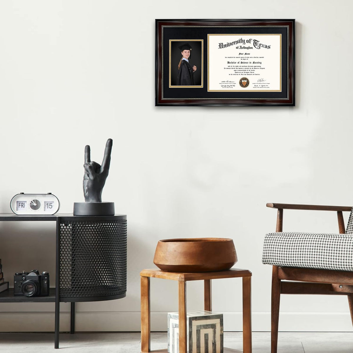 GraduationMall 11x19 Mahogany Diploma and Photo Frame for 8.5x11 Certificate,5x7 Picture,Real Glass,Black over Gold Double Mat