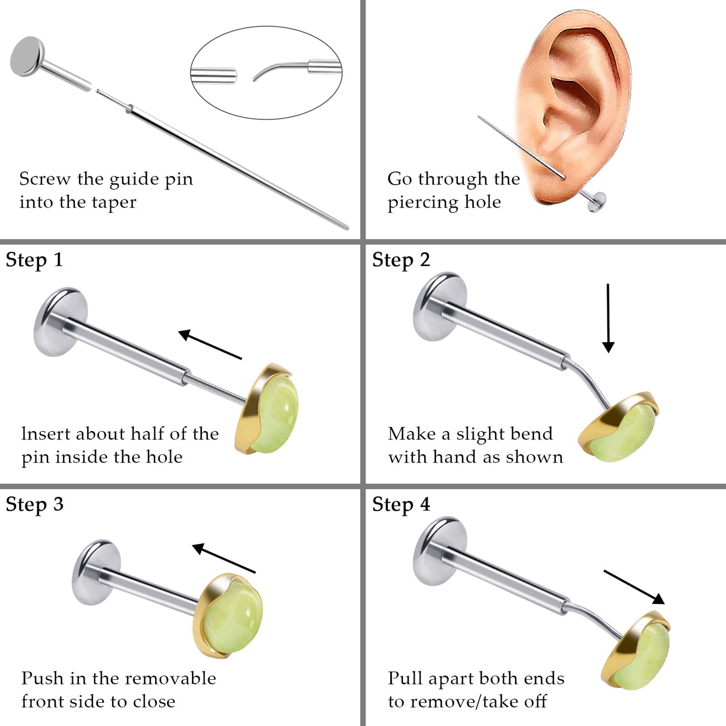Limerencia Hypoallergenic Earrings for Sensitive Ears - 18G G23 Titanium Round Cat's Eye Push in Stud Earrings, Cartilage Stone Pierced Earrings for Women Men Gift,Light Green 4mm