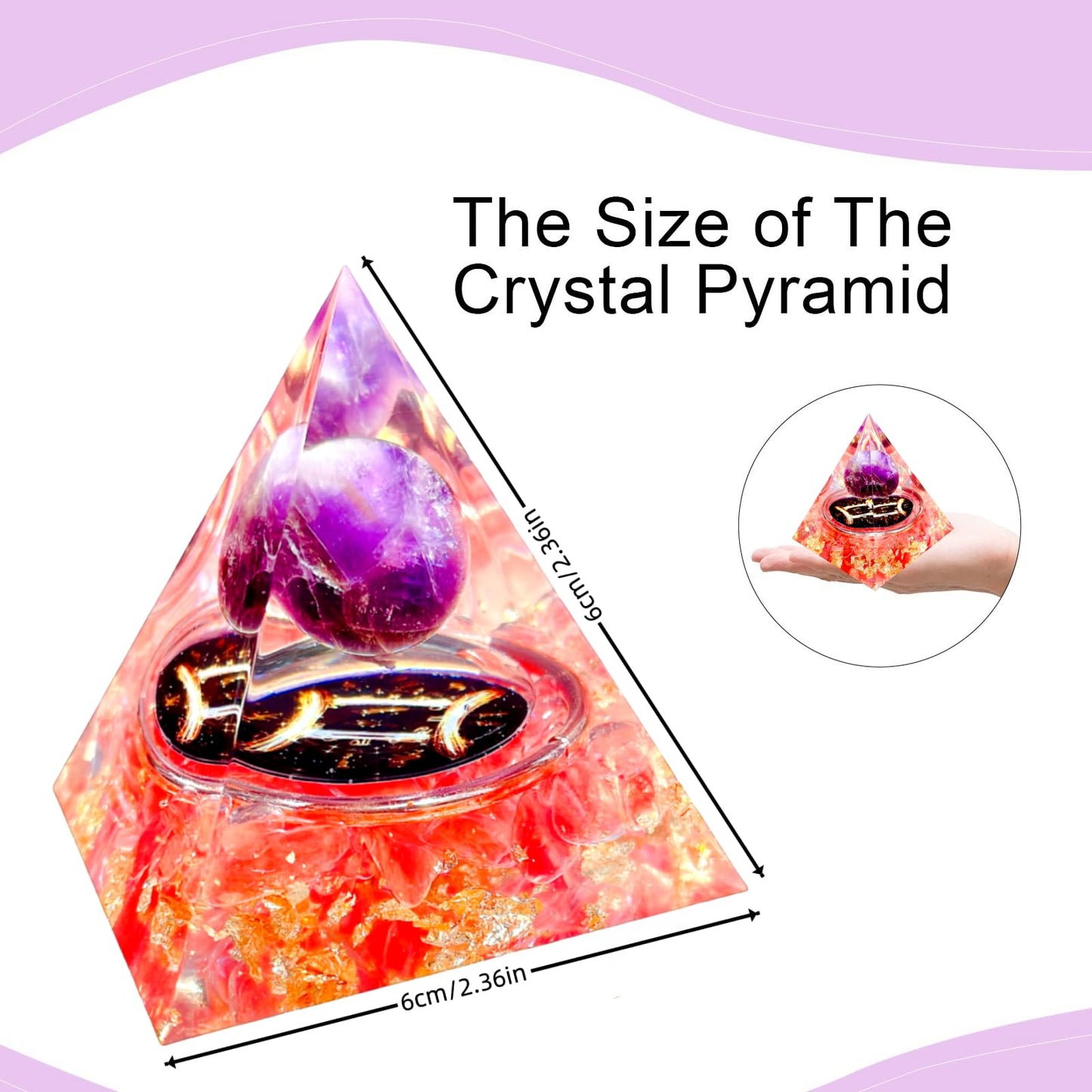Saefheled Twelve Constellations Gemini Orgone Pyramid,Natural Amethyst&with Red Refined Stone Orgonite Crystal Healing Pyramid for Protection Chakra,Unique Constellation Pyramid for Positive Energy