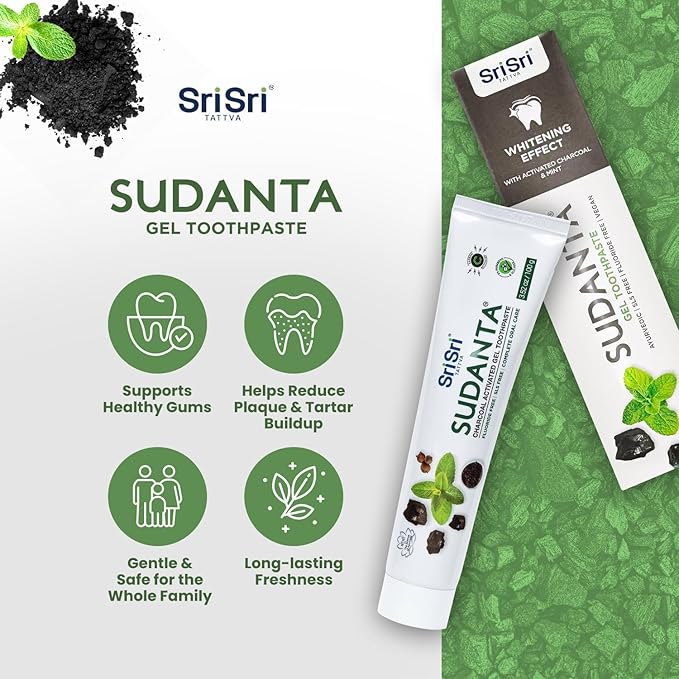 Sri Sri Tattva Sudanta Charcoal Toothpaste Gel – SLS, Fluoride Free Herbal Toothpaste with Neem & Ayurvedic Herbs – Natural Teeth Whitening, Fresh Breath, Oral & Gum Health – 100g Tube (Pack of 4)