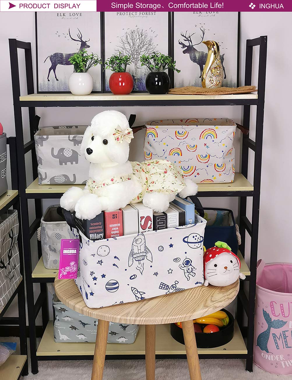 INGHUA Rectangular Storage Basket Fabric Organizer Bin for Toys,Books,Clothes,Gifts,Pets-Perfect for Home,Office,Nursery,Dorm,Shelf(Rec Spaceships)
