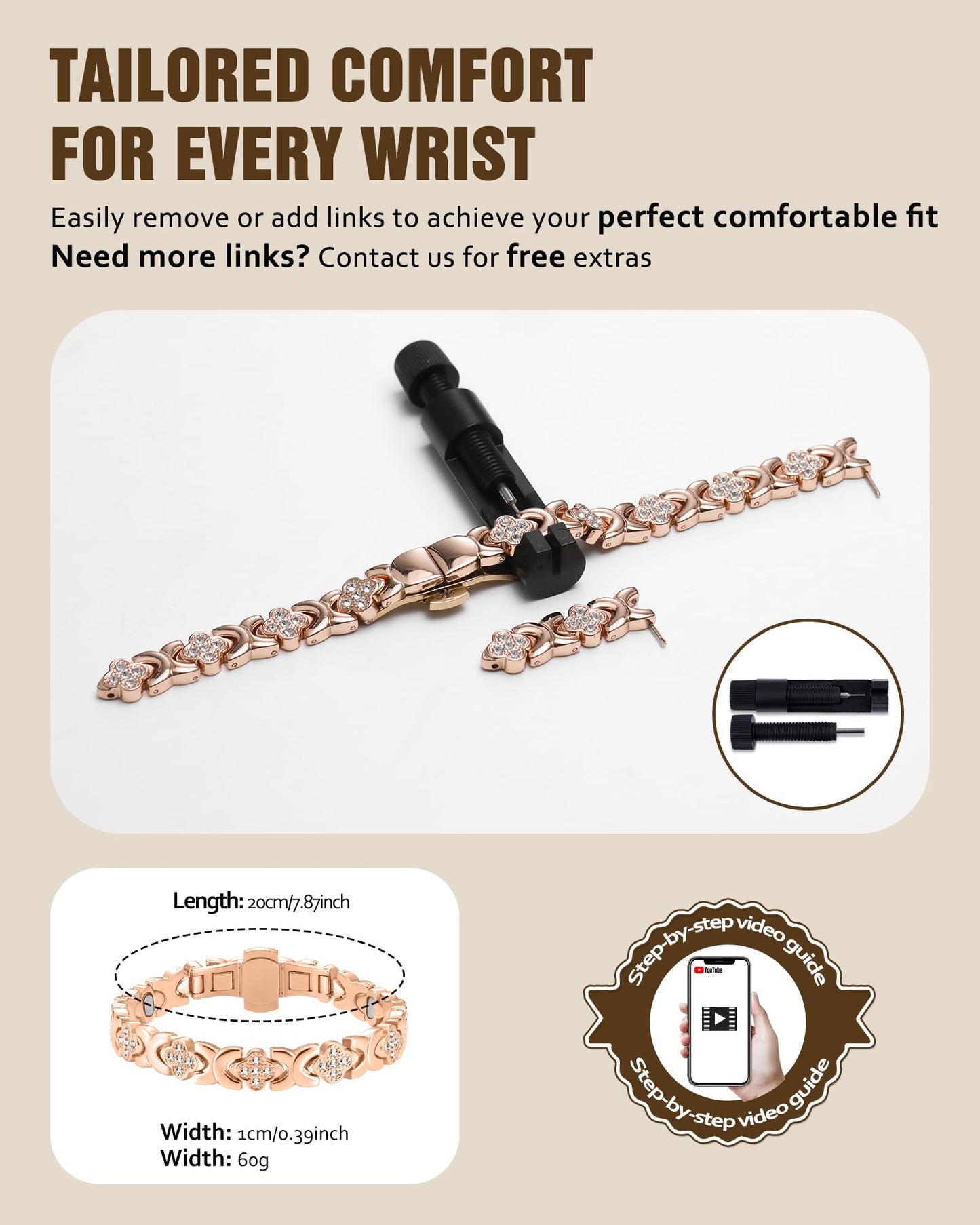 Jecanori 5X Strength Magnetic Copper Bracelet for Women —Updated 5,000 Gauss Ellipse Magnets — Premium Butterfly Clasp & Adjustable Length,Gold Rose Four-Leaf Clover