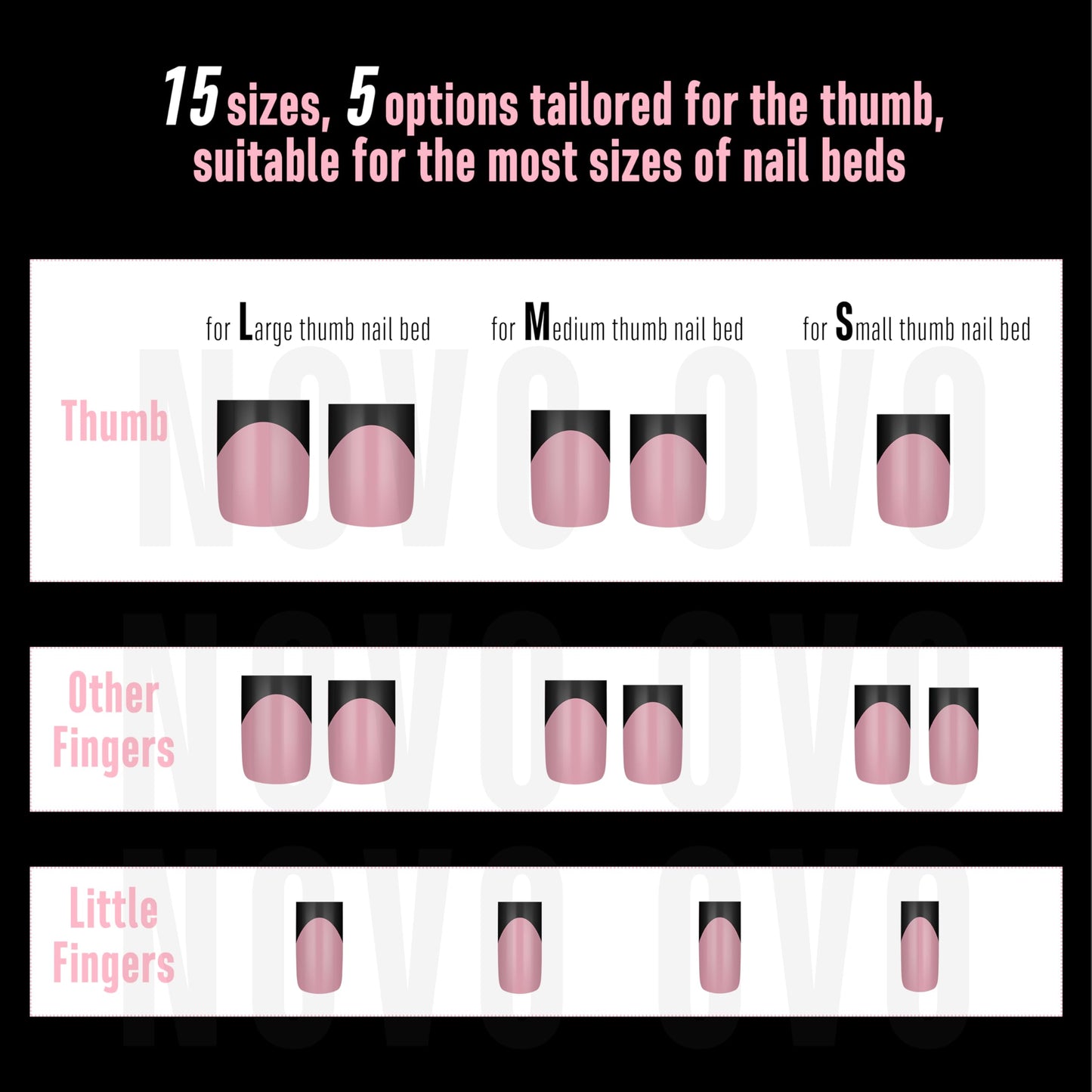 NOVO OVO Short Sharp Square Black French Tip Nail Tips Press on BERRY PINK, Extra Thick NEED Nail Glue Builder Gel Top Coat, Soft Gel Full Cover Fake Flase Nail Extension for DIY x 15 Sizes 240 pcs