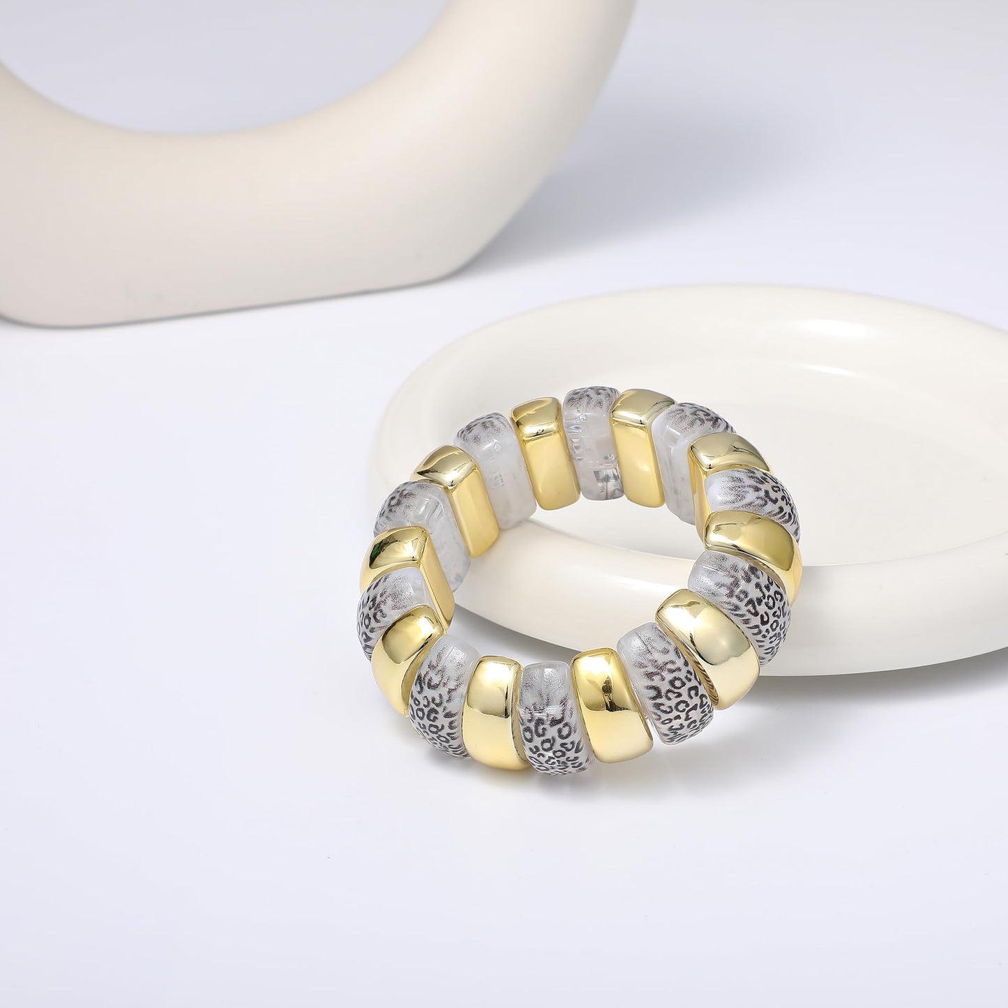 GOOJIDS Leopard Beaded Gold Plated Bangles Bracelet Chunky Bamboo Tube Curved Stacking Clear Acrylic Colorful Beads Stretchable Plated Bracelets Set For Women