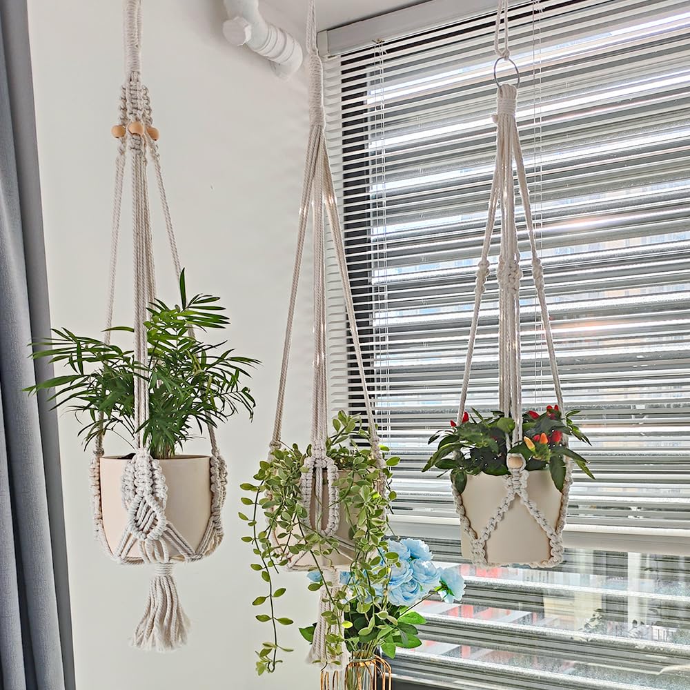 TENEWEE 3 Pack Macrame Plant Hangers Handmade Woven Boho Hanging Planters for Indoor Plants Window Balcony Home Decor