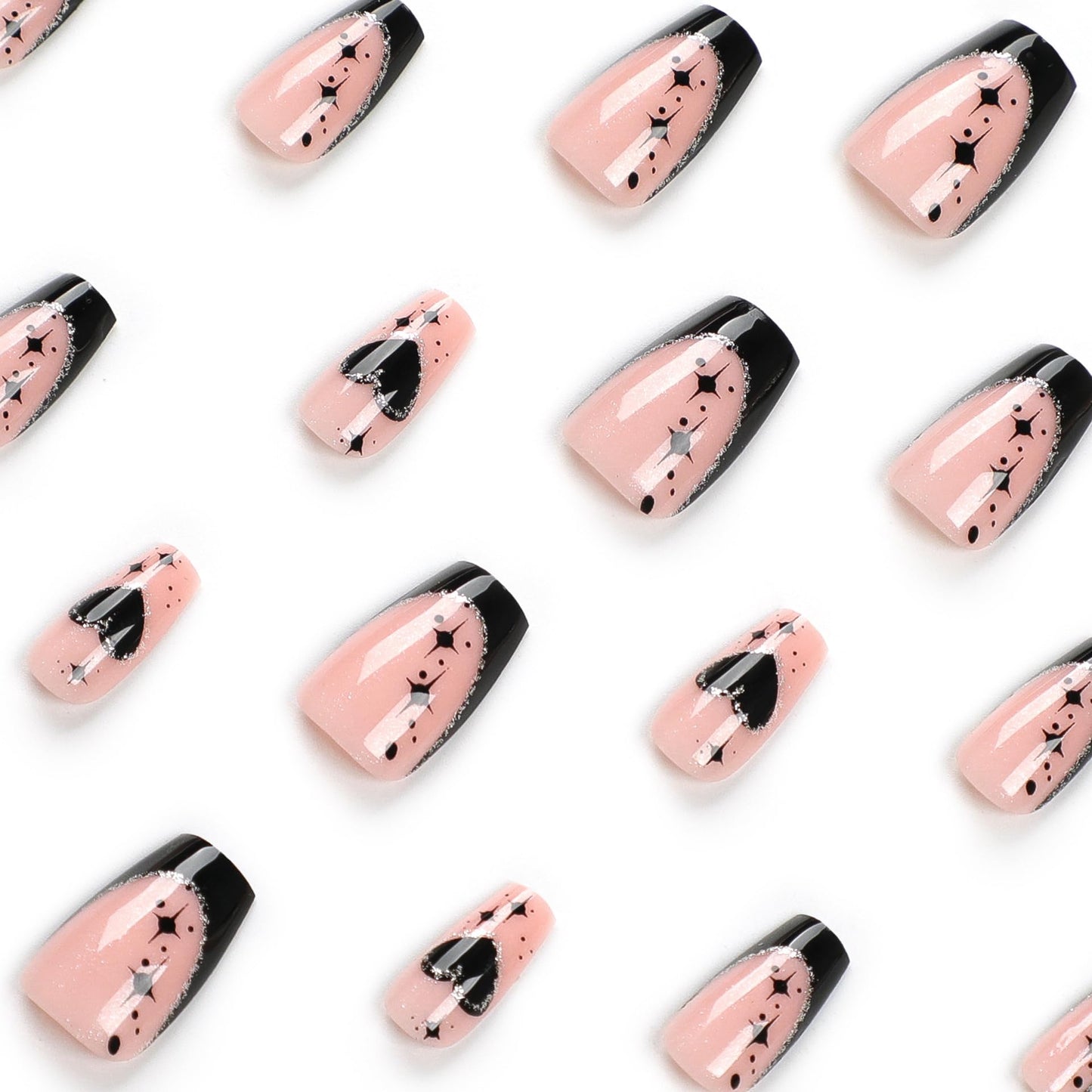 Medium Press on Nails Coffin - Black French Tip Fake Nails with Heart Star Design - Glitter Glossy Full Cover Stick on False Nails - for Women 24 Pcs