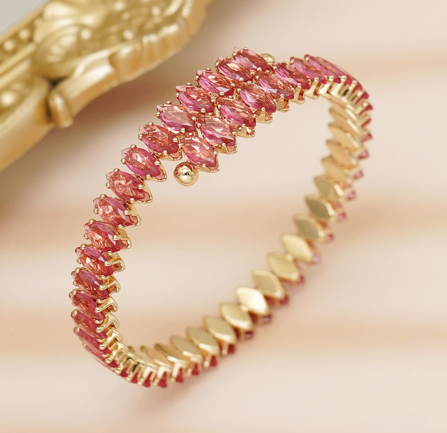 Wovanoo Rhinestone Cuff Bracelet Cubic Zirconia Tennis Bracelets Open Adjustable Elastic Bangle for Women Gold Rose Red