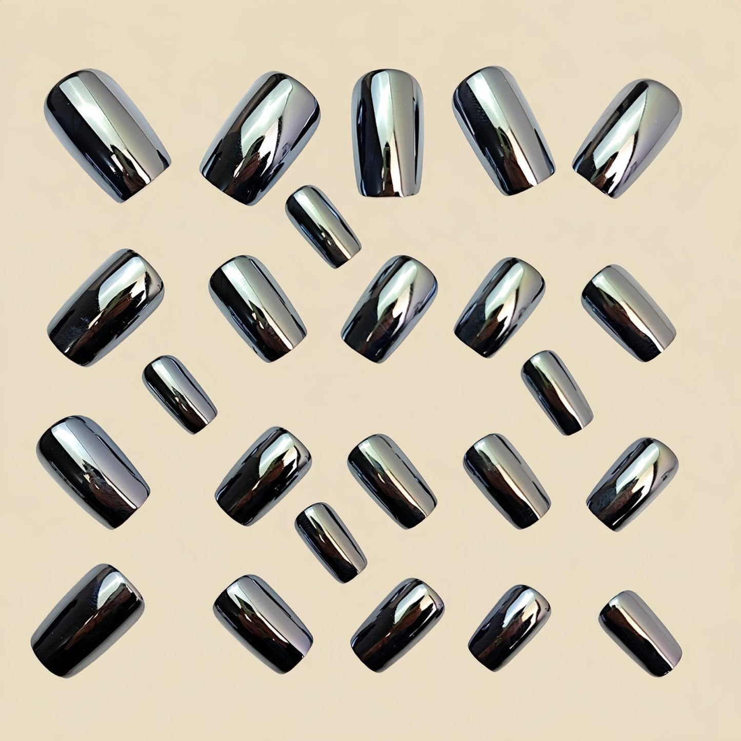 RUOKEXIN Medium Length Press on Nails Square Fake Nails Black Silver Chrome False Nails Full Cover Nail Press ons Sparkly Artificial Nails for Women 24Pcs
