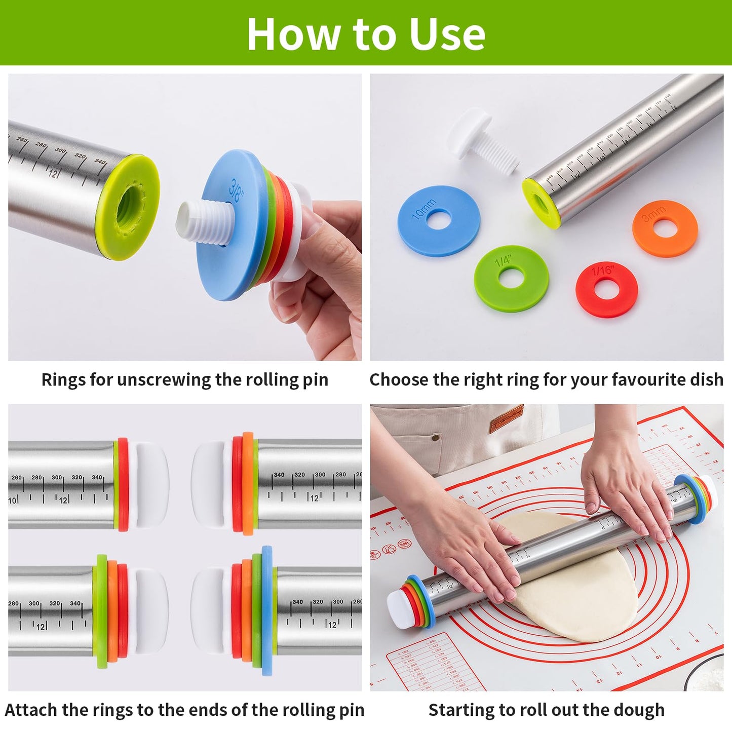 Adjustable Rolling Pin Set with Thickness Rings Cookie Cutters Dough Scraper Food Grade Stainless Steel Precise Dough Roller Handle Press Design for Baking Fondant Pizza Pie Pastry Pasta Cookies