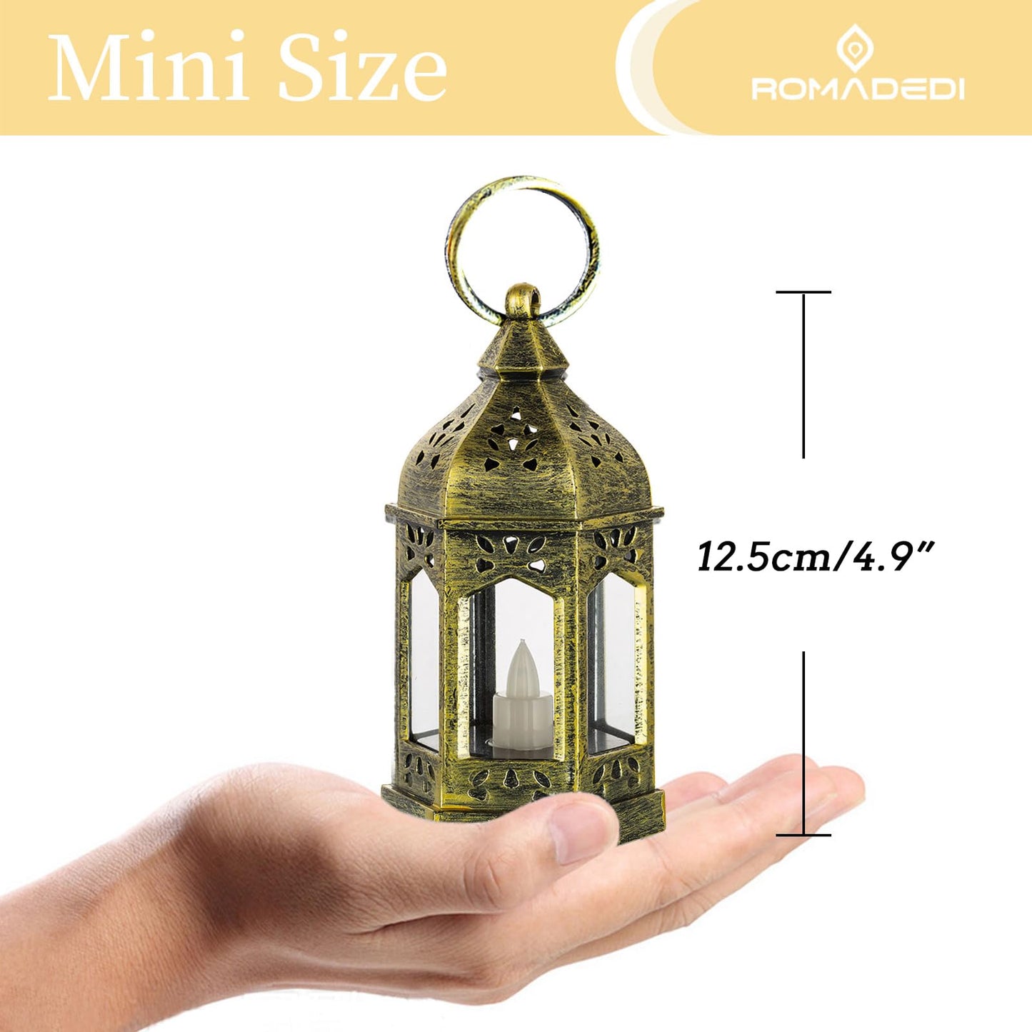 Mini Lanterns Decorative for Wedding Centerpiece - 20 Pcs Romadedi Hanging Small Gold Lantern Bulk with Flickering LED Candles for Halloween Decorations, Christmas Table Decor, Batteries Included
