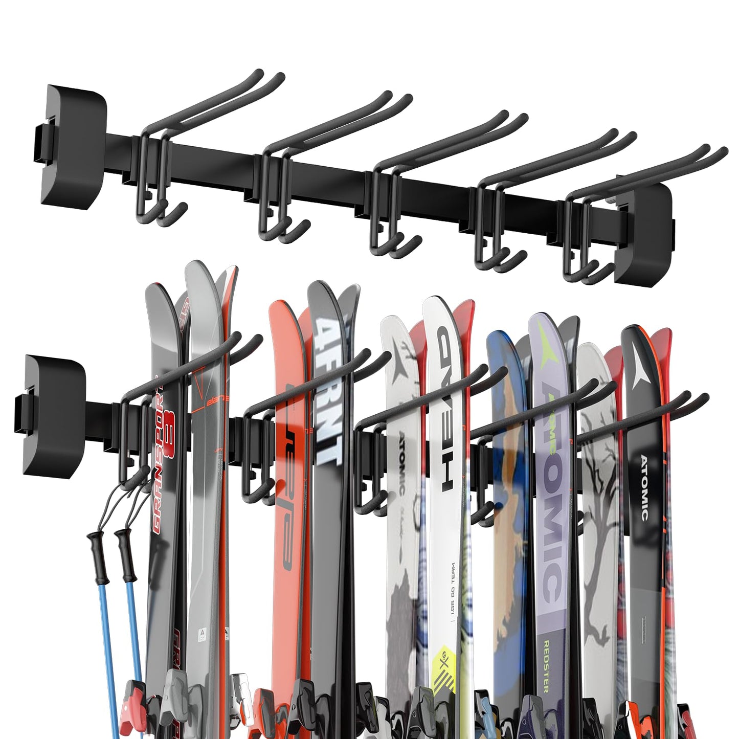 Tdrynl 32" Ski & Snowboard Wall Rack – Heavy-Duty Wall Mounted Ski Storage for Garage, Holds 10 Pairs with 5 Adjustable Hooks, 300lbs Capacity, Non-Slip Rubber, Easy Install | Ski Holders for Wall