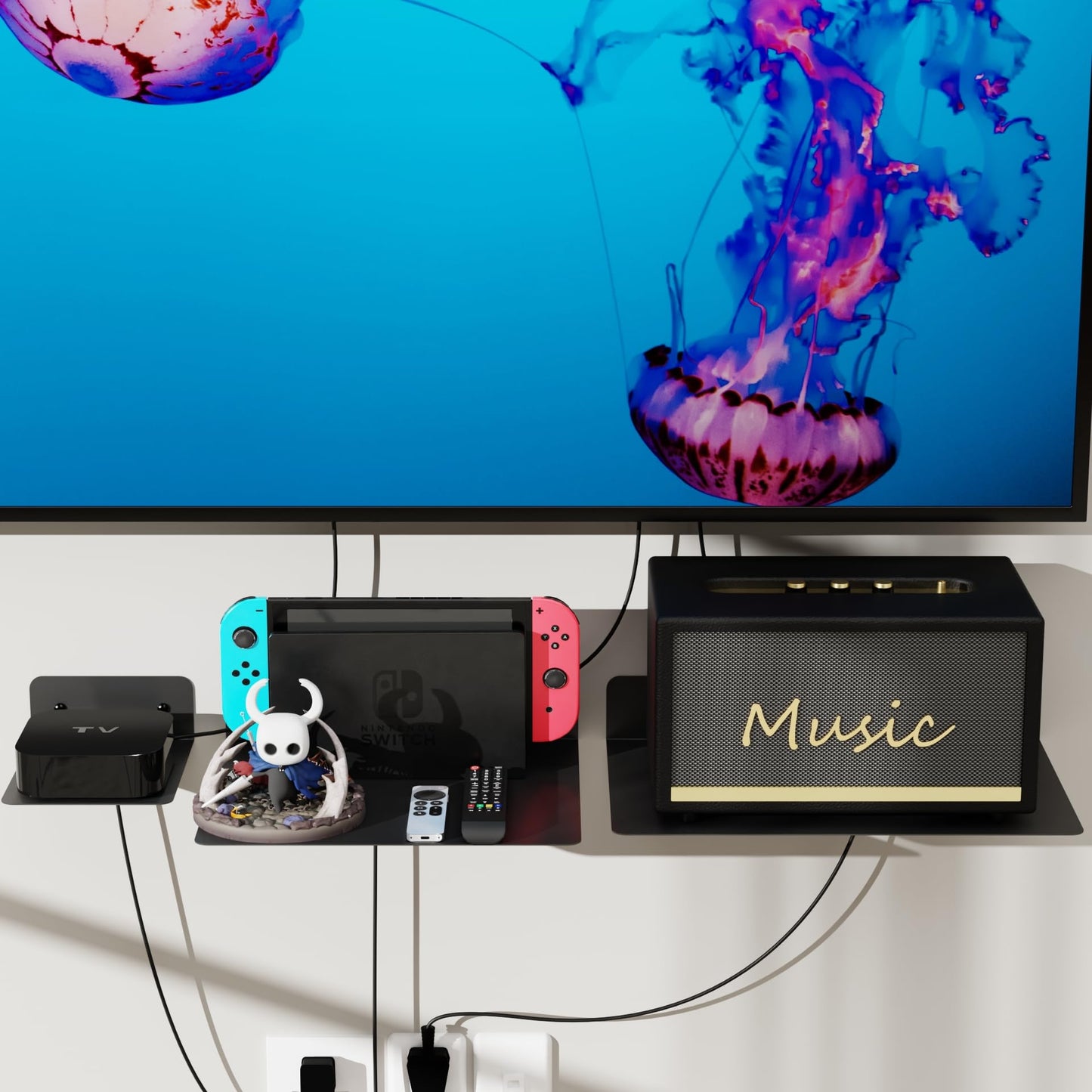 PzewMo Floating Metal Wall Mount Shelf,Shelf for Projector,TV Cable Box,Router,Speaker,Sound Bar,Camera,Gaming,Decor Display (Black, 5.5" x 4.7")