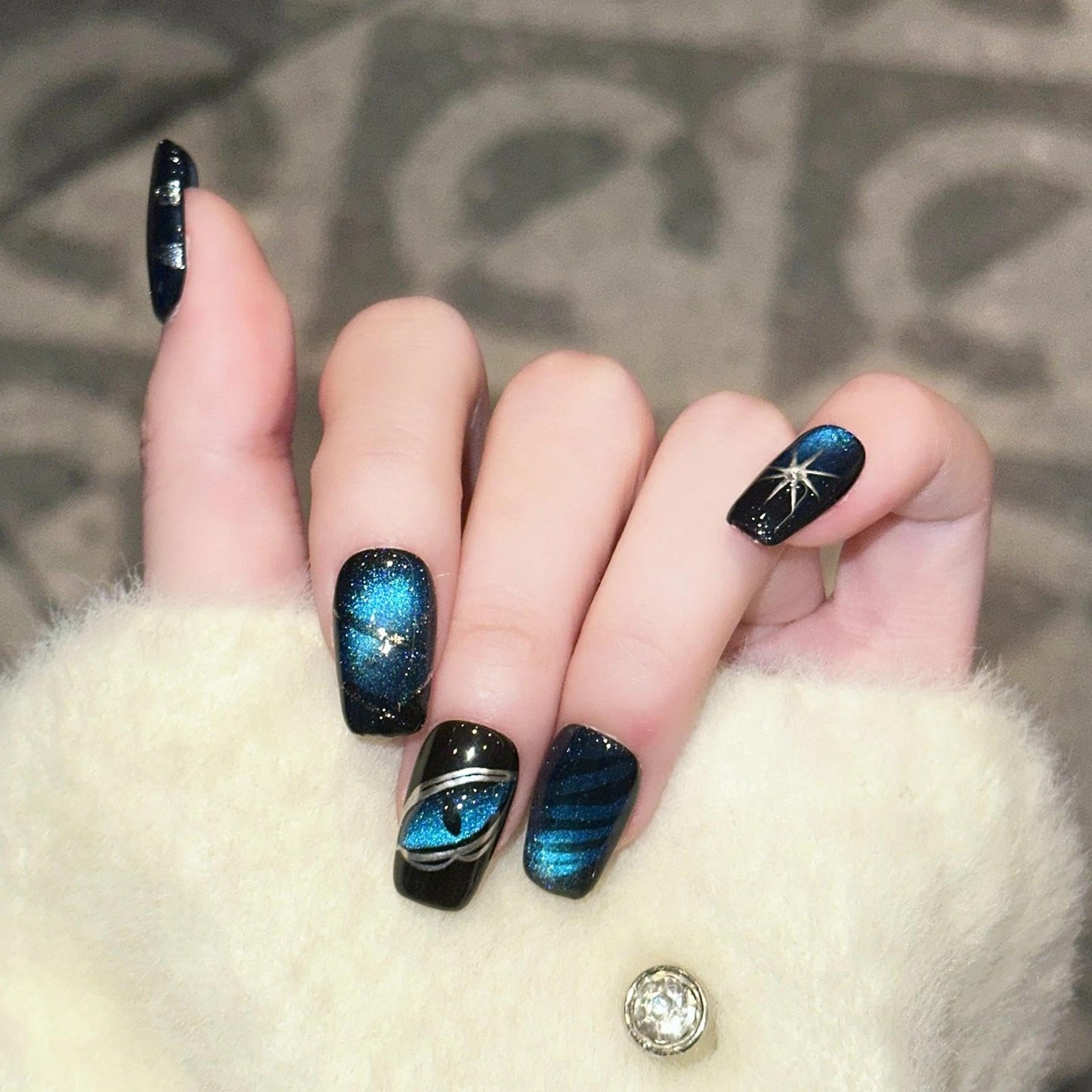 Handmade 3D Blue Black Glitter Square Press On Nails, Edgy Line Star Artisan Nails Set, Reusable Glossy Press-ons with Tool Kit (S)