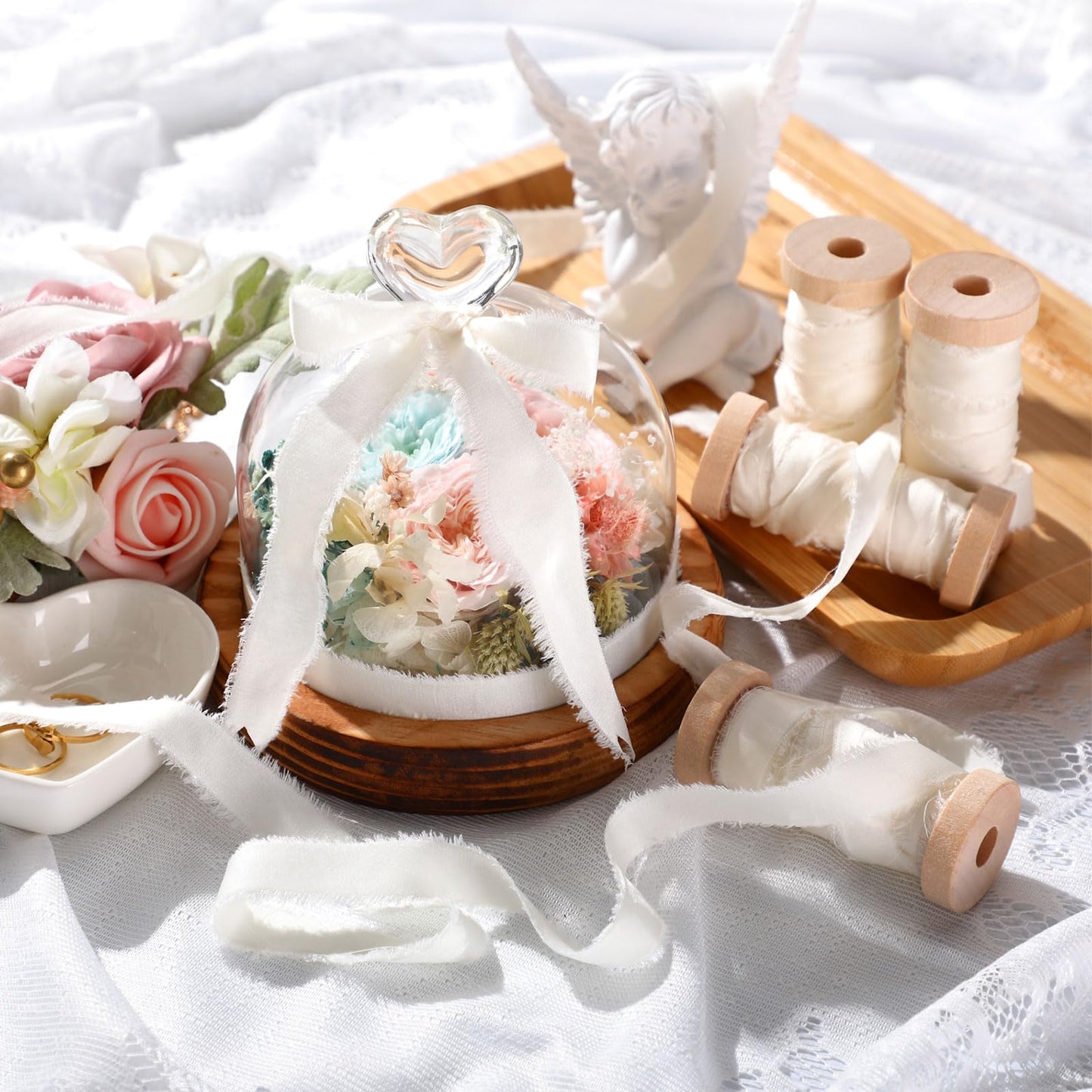 Mindsoft Frayed Chiffon Ribbon for Craft Silk Satin Ribbons 1/2-1/4 Inch x 20 Yard Handmade Fabric Strips with Wooden Spool for Valentines Day Wedding Gift Wrapping(Ivory)